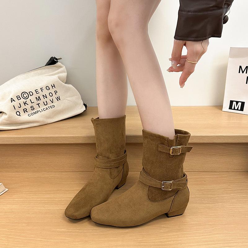 

Ретро остроносые короткие ботинки женские осенние новые рукав толстый каблук полусапожки стройные западные ковбойские ботинки 40 верблюд