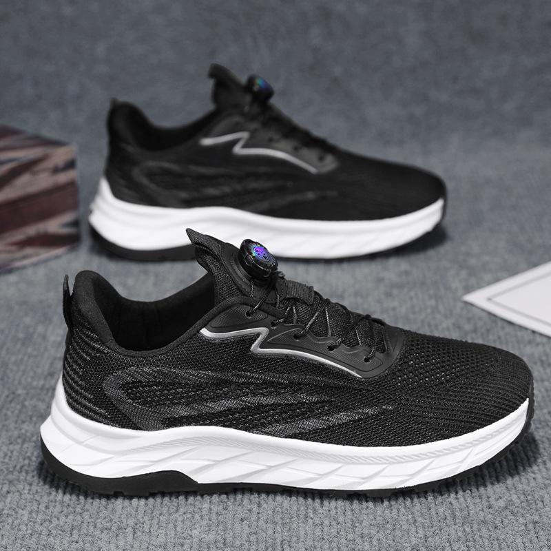 2024 Summer New Rotating Button Strap-free Platform Sneakers Fashionable Fly-woven Breathable Running Men's Shoes