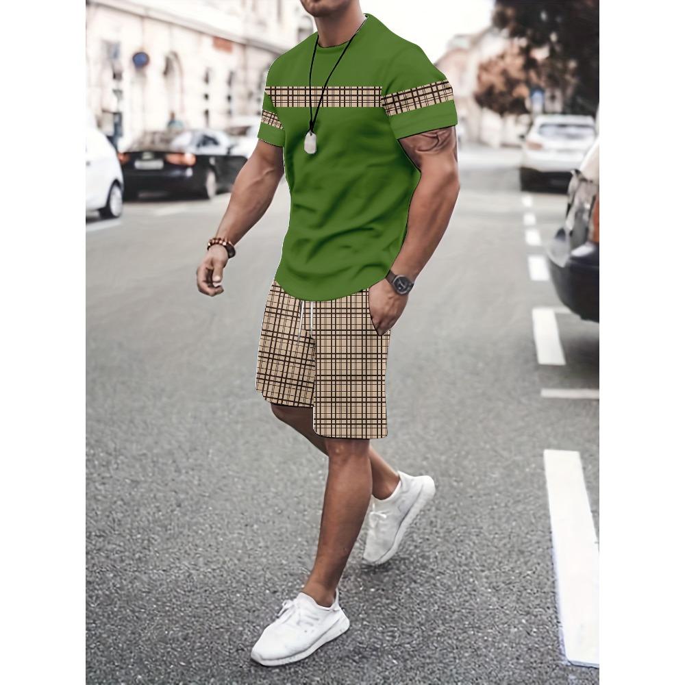 Men s Fashion Trendy 2pcs Set: Geometric Print T-Shirt + Casual Shorts S