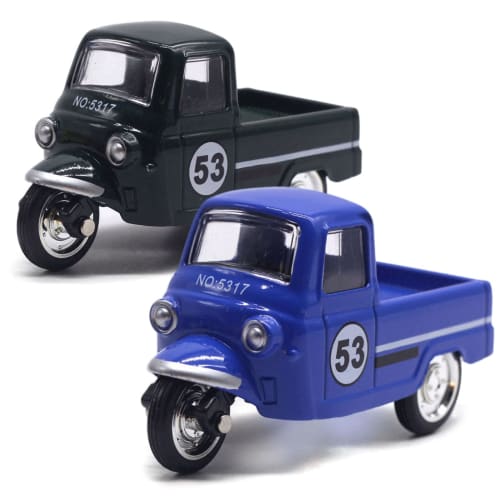MORYTRADE Nostalgic Toy Retro Classic Pull-Back Car Diecast Miniature Car, Ages 6+, Set of 2 Three-Wheeled Trucks, Blue and Green