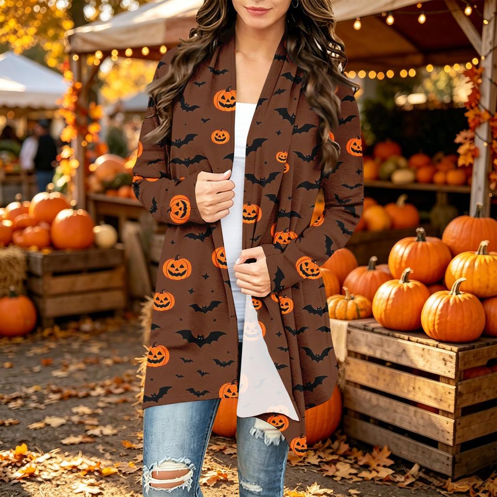 Women's Long Sleeve Cardigan with Halloween Print for Casual Everyday Wear