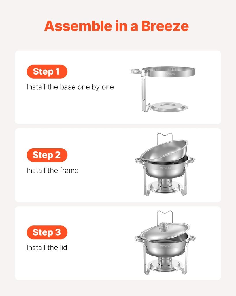 5 Qt 2 Pack Round Chafing Dish Buffet Set Full-Size Pan Stainless Steel