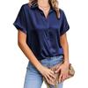 Women Turn Down Collar Satin Blouse Rolled Short Sleeve Button Down Loose Casual Elegant Office Tops