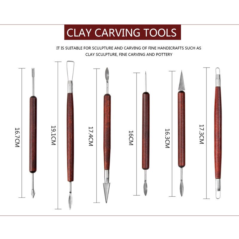 6-Piece Pottery Clay Tool Set: Double-Headed Lace and Sculpture Knives with Red Wood Handles