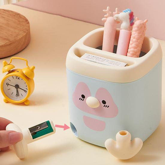 xiaobudian Pen Holder with Detachable Pencil Sharpener, Dual Compartments Organizer, Cartoon Penguin Design Office Desk Organizer