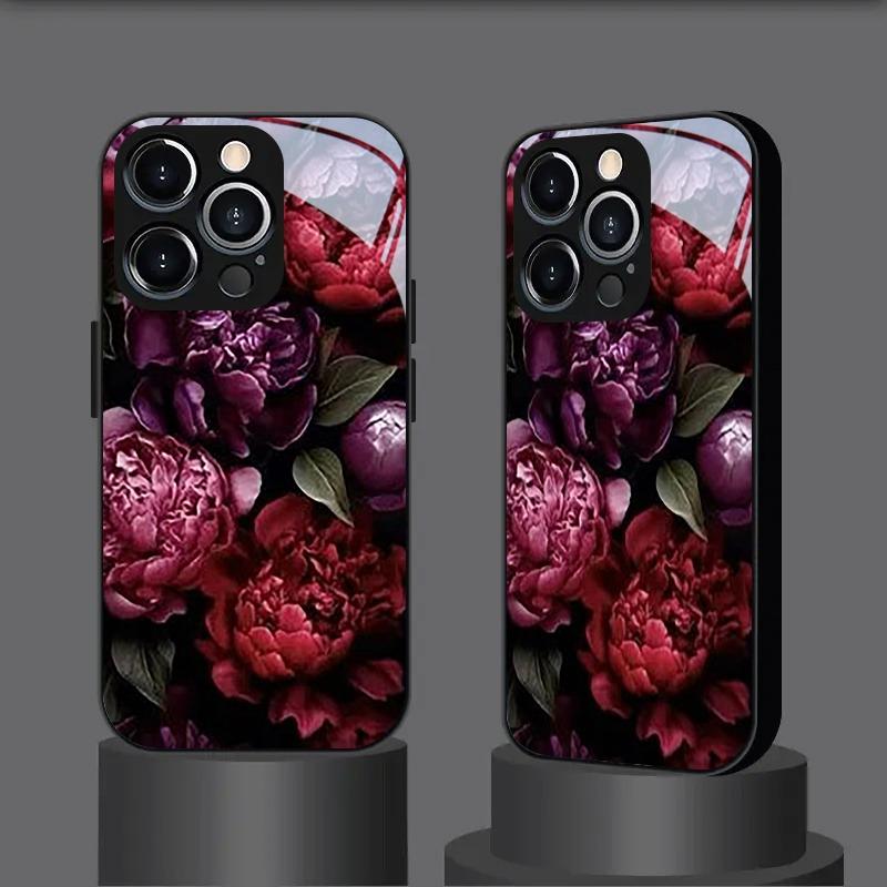 Lila Pfingstrose Dunkle Nacht Muster Gehärtetes Glas Schwarze Handyhülle Für Samsung Galaxy S25 S24 S23 Ultra Plus FE Stoßfeste Hülle