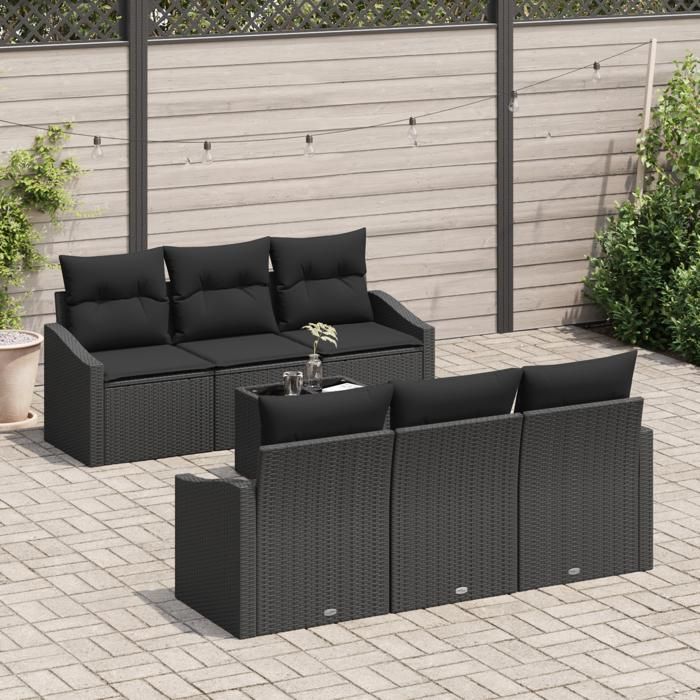 VidaXL Ensemble de Canapé de Jardin de 7 pièces avec Coussins Noir Rattan 3355282