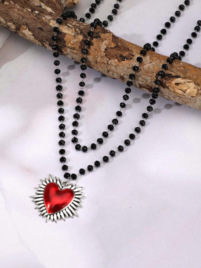 Hip-Hop Bohemisk Stil Hjärthänge Halsband, Kristallpärlband Halsband för Kvinnor, Hjärformat Halsband, Gotiskt Halsband