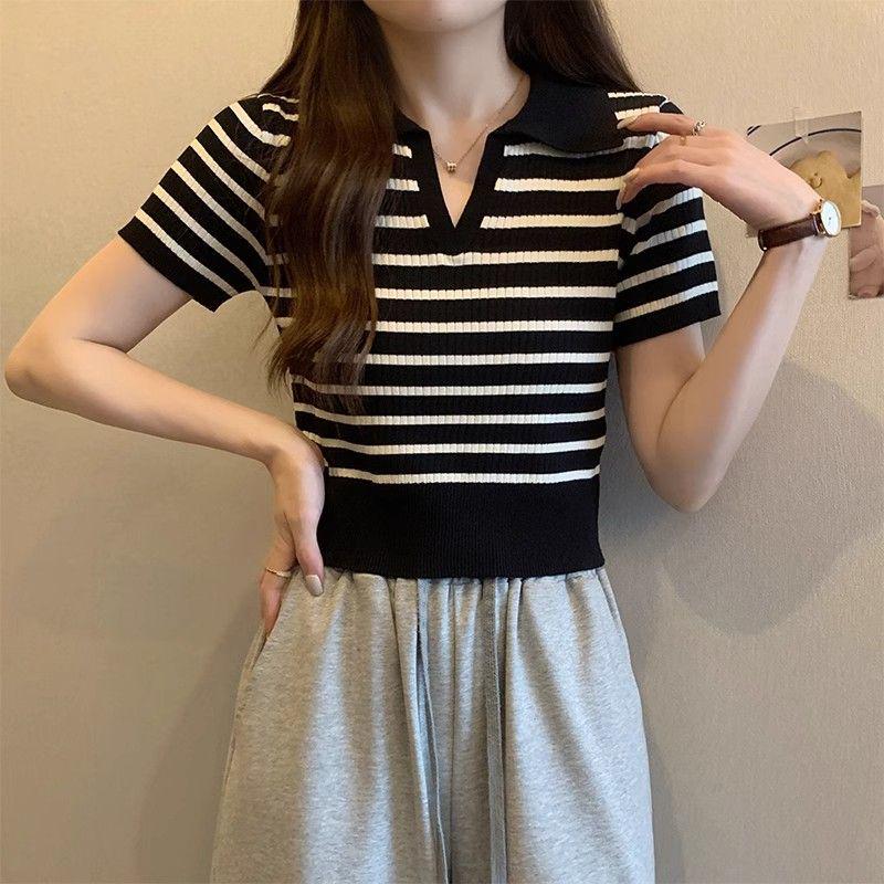 Women's 2025 Striped Ice Silk Knitted Polo Collar Short Sleeve Slim Top