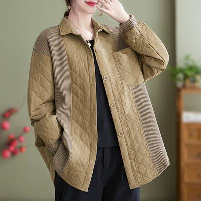 Lightweight Cotton-padded Jacket Literary and Artistic Large-size Knitted Stitching Rhombic  Loose Casual Shirt  Jacket Autumn and Winter