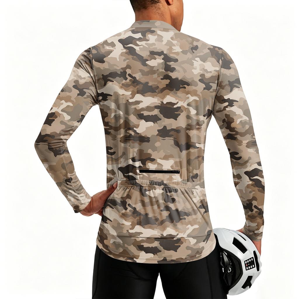 Men’s Crew Neck Printed Zip Breathable Quick Dry Long Sleeve Cycling Jersey with Digital Camouflage Pattern for Outdoor Sports Activities