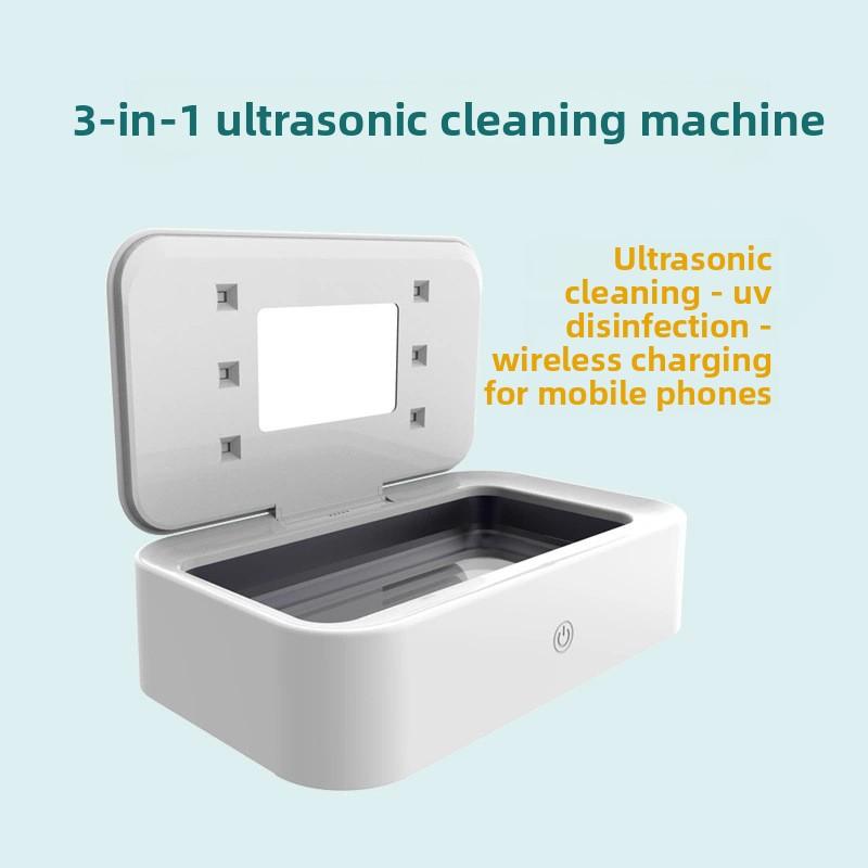 3-i-1 Ultraljudsrengörare UVC UV Desinfektionslåda Mobiltelefon Trådlös Laddning Kontaktlinser Tandställning