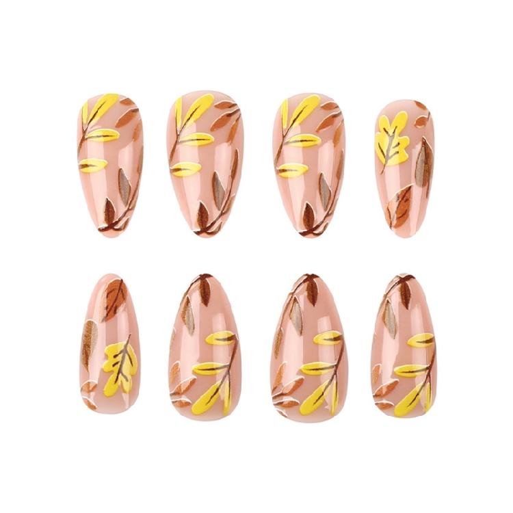 24Pcs Maple Leaf Desings Halloween Stick on Nail Thanksgiving Gift Almond False Nails for a Festive Autumn Nail Makeover
