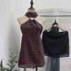 Polka Dot Chiffon Halter Top: Sexy Open-Back Metal Decoration with Ribbon Detail.