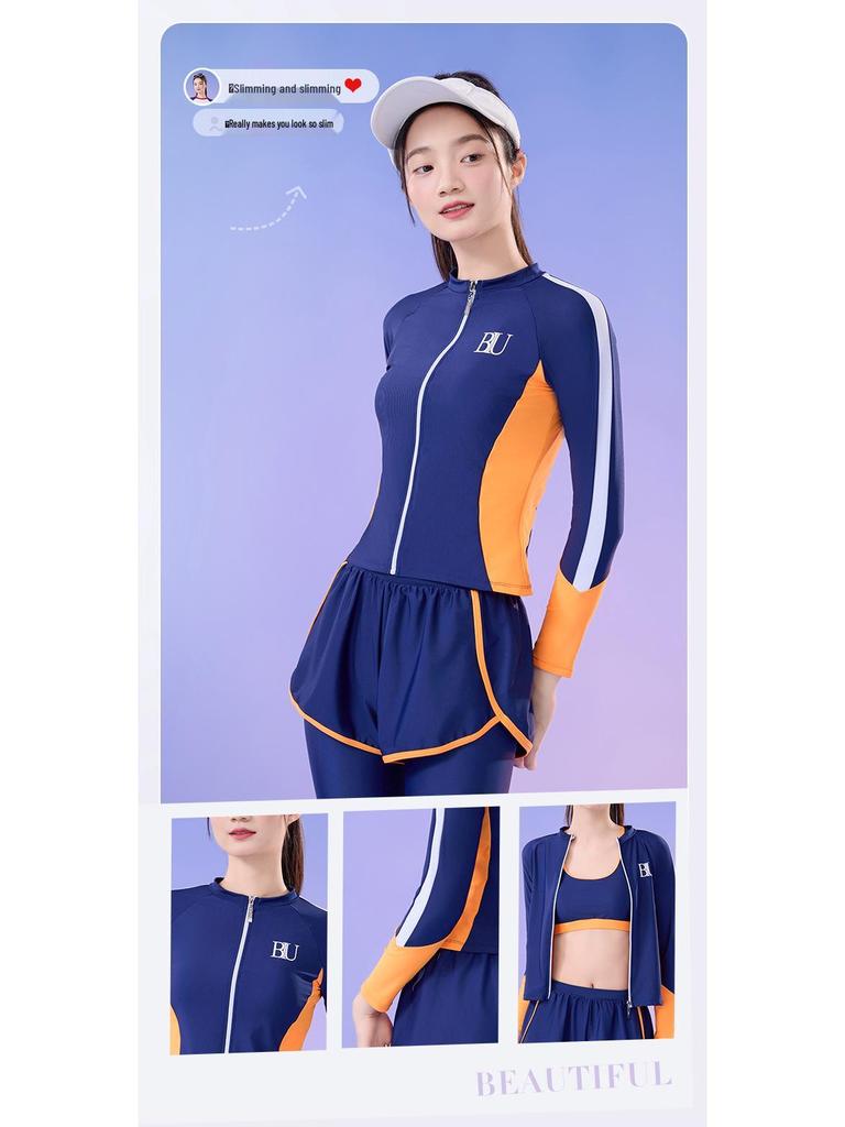 Costum de surf pentru femei, din patru piese, modelator, cu protecție solară - Set costum de baie cu mânecă lungă pentru vacanța la plajă, pe stoc