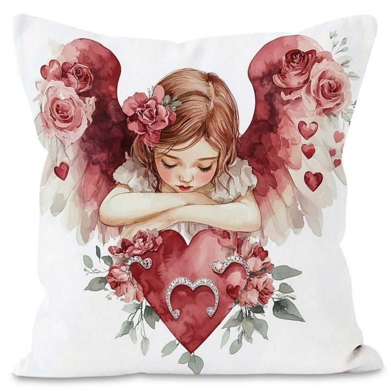 Valentine's Day Angel Print Home Decor Pillowcase Bedroom Living Room Sofa Decoration Polyester Cushion Cover with Zipper