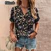Crushed Flower Casual T Shirts Streetwear Casual Woman Topsshort Sleeve V Neck Tshirt Women's Fashions Loose Plus Size Clothing