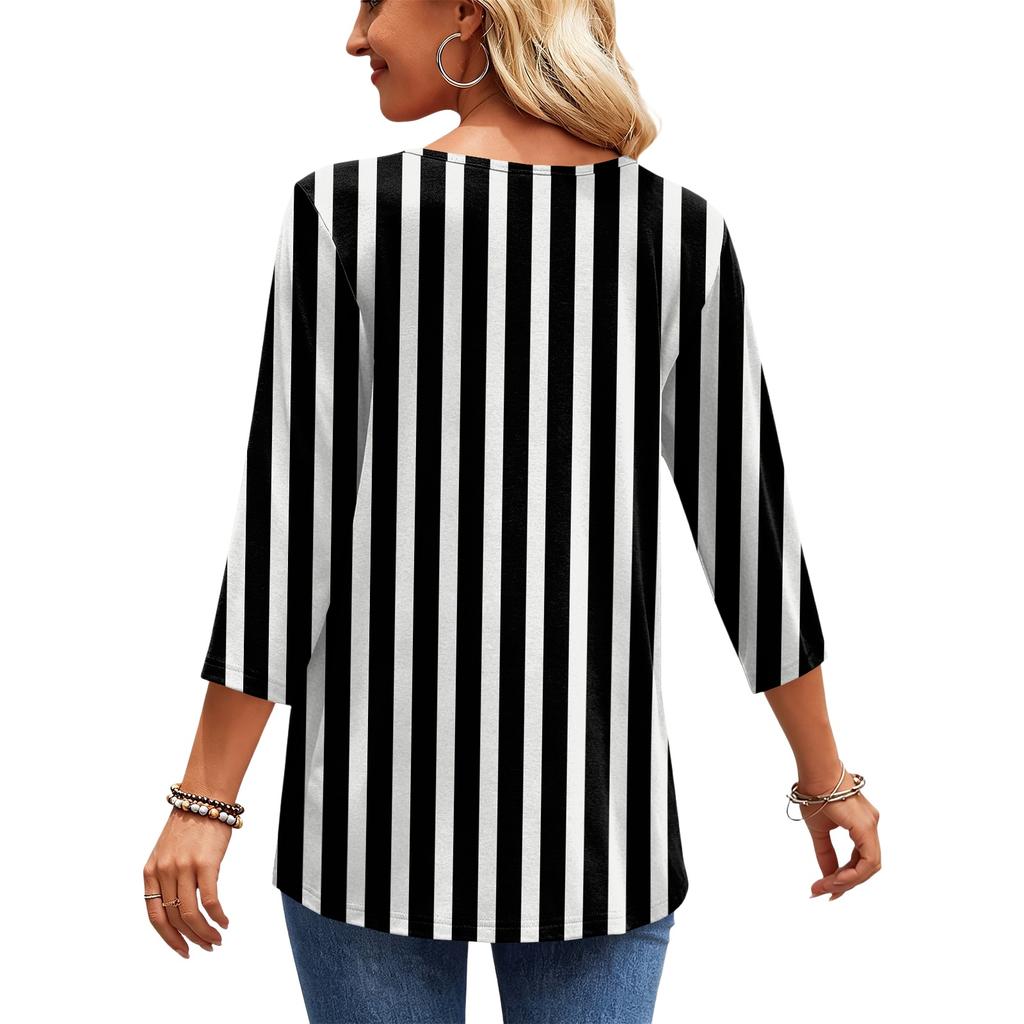 Damen Freizeitbluse mit Streifenmuster, V-Ausschnitt und Dreiviertelärm für die Arbeit oder den Alltag