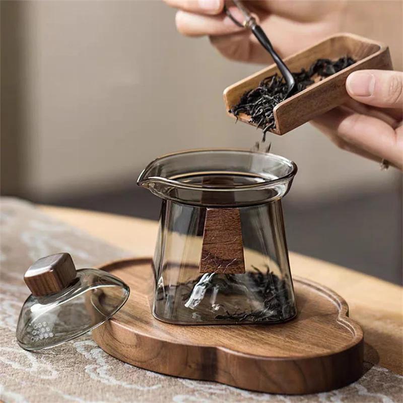 Heat-resistant Glass Gaiwan Tea Tureen with Scald Proof Wood Chips Simple Kung Fu Tea Set Bottom Mountain View Tea Cup and Bowl