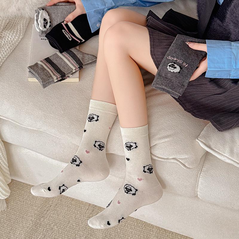 Female Spring and Autumn Lovely Assorted Cartoon Floss Lamb Striped Boneless Tube Pile Socks