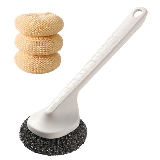 Pot Brush with Steel Ball Head Anti-Slip Grip Hanging Hole Long Handle Dishes Scrubber Kitchen Cleaning Tool