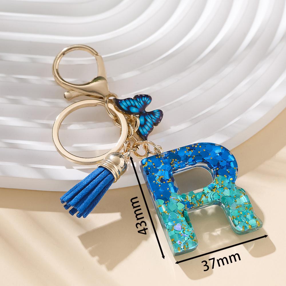 1pc Alloy Alphabet Initial Keychain Royal Blue Butterfly & Tassel Letter Keychain for Backpack Charm Accessory Key Ring Findings