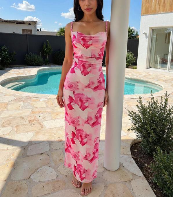 Women's Sleeveless Slim Fit Printed Lace Camisole Pleated Long Dress