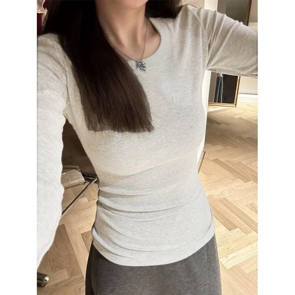 Women's Plus Size 95% Cotton Long Sleeve Round Neck T-Shirt - Slim Fit, Solid Color, Spring/Autumn Wear, Straight Shoulder.