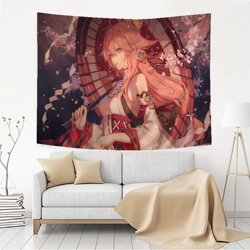 Cute Anime Genshin Impact Yae Miko Hippie Wall Hanging Tapestries for Living Room Home Dorm Decor Art Home Decor