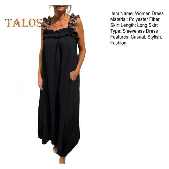 Women's Sleeveless Maxi Dress Ruffle Strap Square Neck Long Dress Casual Boho A-line Dress with Pocket Summer Beach Sundress