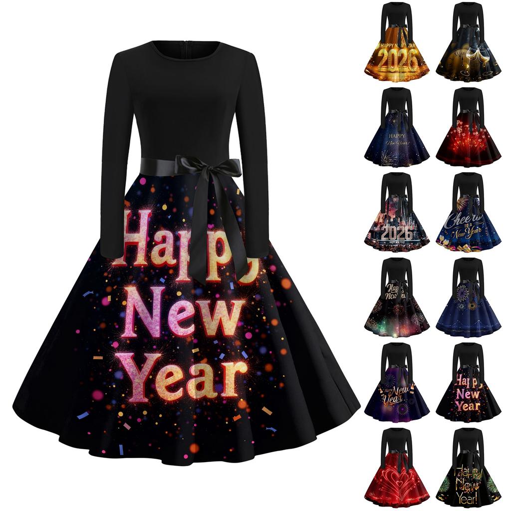 Women's Casual Fashion Round Neck Long Sleeve New Year Printed Retro Dress