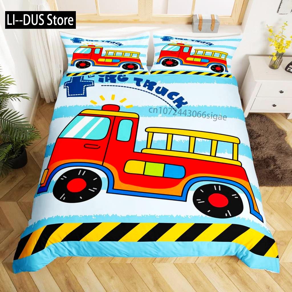 Fire Truck Duvet Cover Set Twin Size Red Firemen Car Vehicle Bedding Set Fire Engine Pattern For Boys Tire Printing Quilt Cover