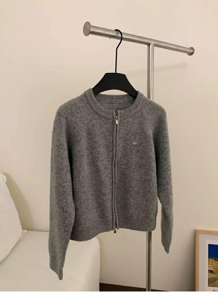New Autumn European Style Women's 100% Pure Wool Zipper Cardigan - Retro Short Knit Sweater Coat