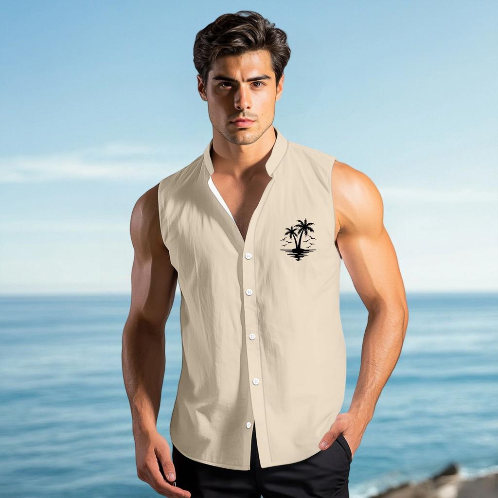 Men's Fashion Printed Sleeveless Lapel Button-Down Shirt Vest Top