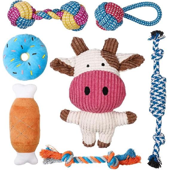 Toozey 7 Pack Small Dog Toys, Puppy Teething Toys, Durable Ropes Chew Toys, Cute Calf Squeaky Dog Toys, Non-Toxic and Safe Cow