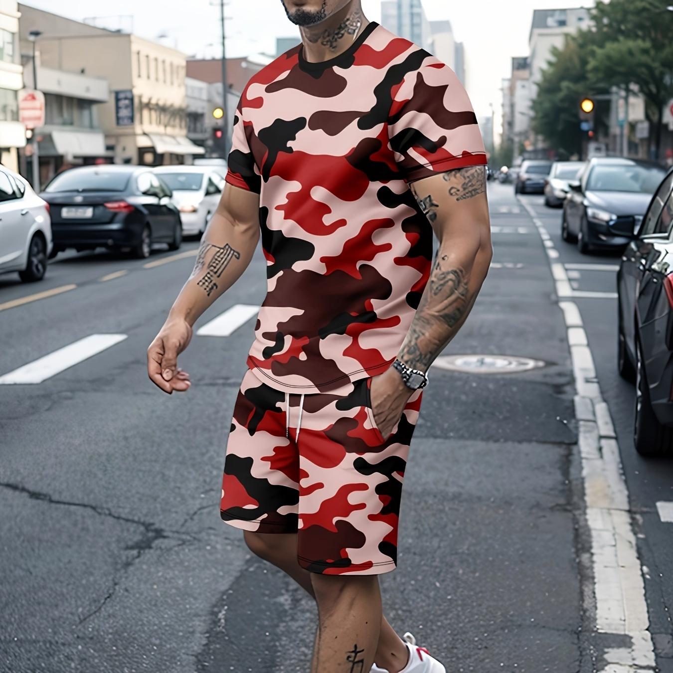 

Чоловіча футболка з короткими рукавами та шорти на шнурках із камуфляжним принтом, повсякденний спортивний костюм із двох частин 6XL