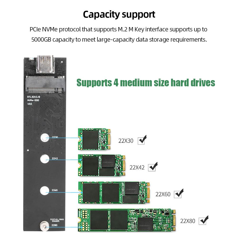 NVME Hard Disk Drive Box USB3.1 Type-C Hard Drive Enclosure Aluminum Alloy External SDD Enclosure M.2 M Key PCIE NVME