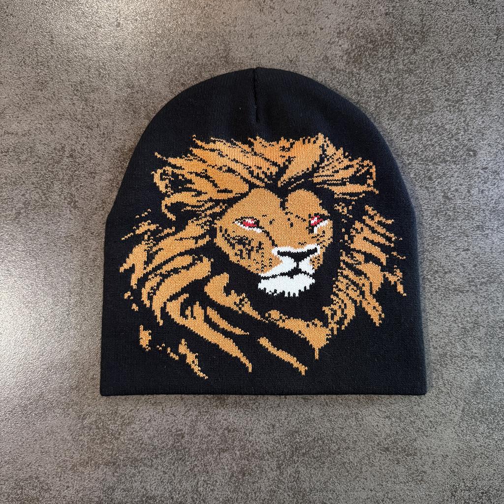 

Cap Knit Trendy Warmth Beanie Hat With Lion Character Print For Daily Use Black