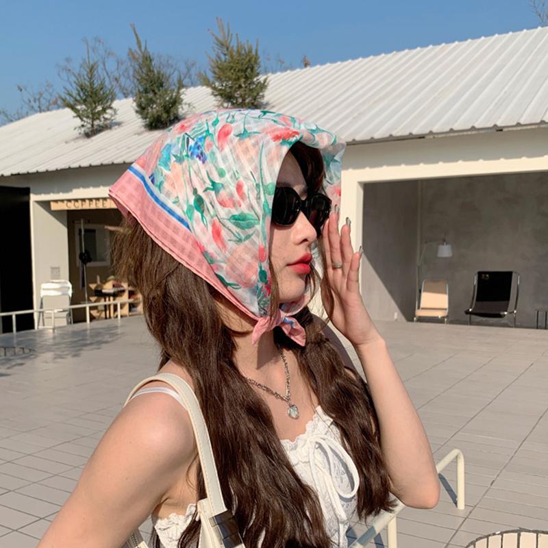 Women Flower Printed Headscarf Sun Protection French Pastoral Style Boho Lightweight Travel Picnic Outdoor Girls Scarf
