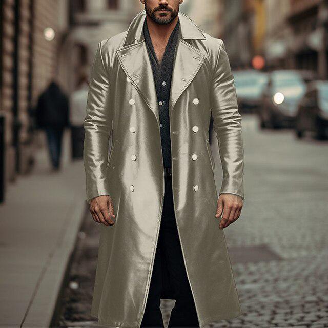 Men's Plus Size Double-Breasted Leather Trench Coat - German Military Style for Autumn/Winter