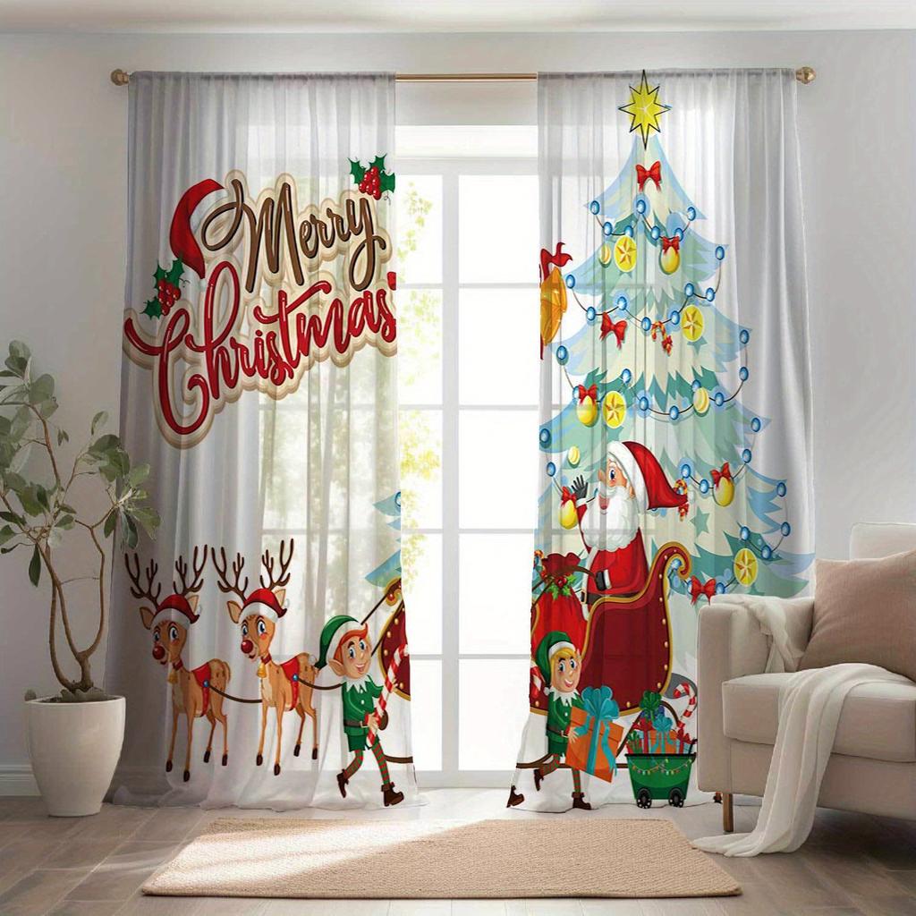 Glam Christmas Curtains Semi-Sheer Polyester Rod Pocket Drapes with Festive Holiday Print for Living Room Bedroom Window Decor