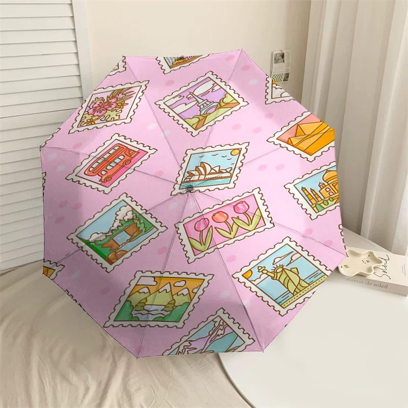 

1pc stamps travel Automatic Open/Close Umbrella Compact Folding Umbrella with 8-Rib Shaft for Women/Men, Elegant Birthday1208S