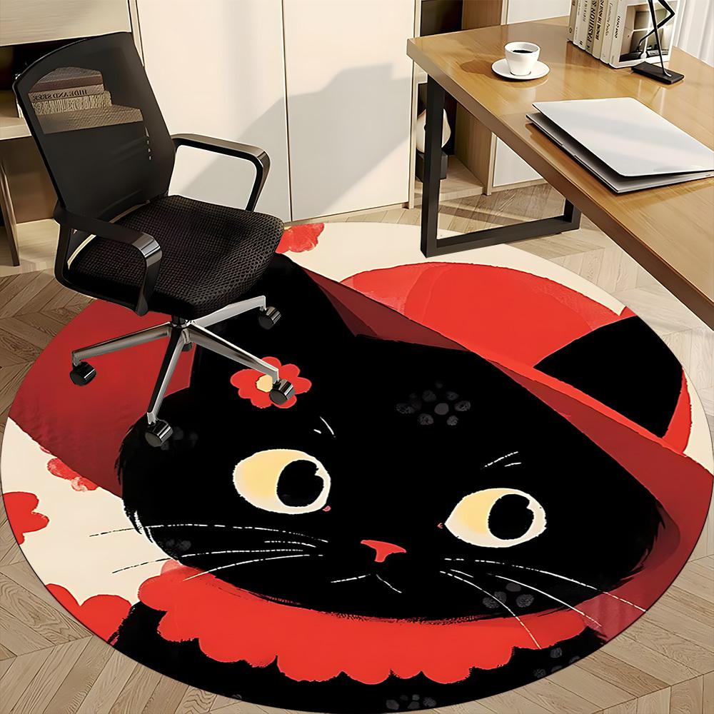 1PC Cat Floral Office Round Area Rug,  Mat Suitable ForOffice, Under Office Chairs Bedroom Living Room Home Decor, Room Deco