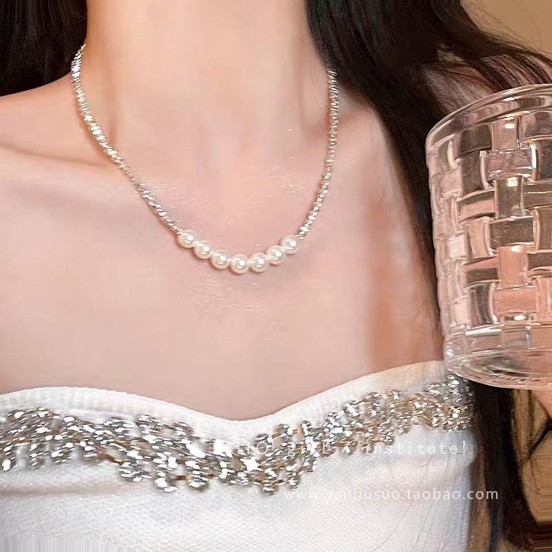 Broken Silver Gradual Change Pearl Necklace Shijia Pearl Niche High Temperament Fashion Simple Broken Diamond Necklace