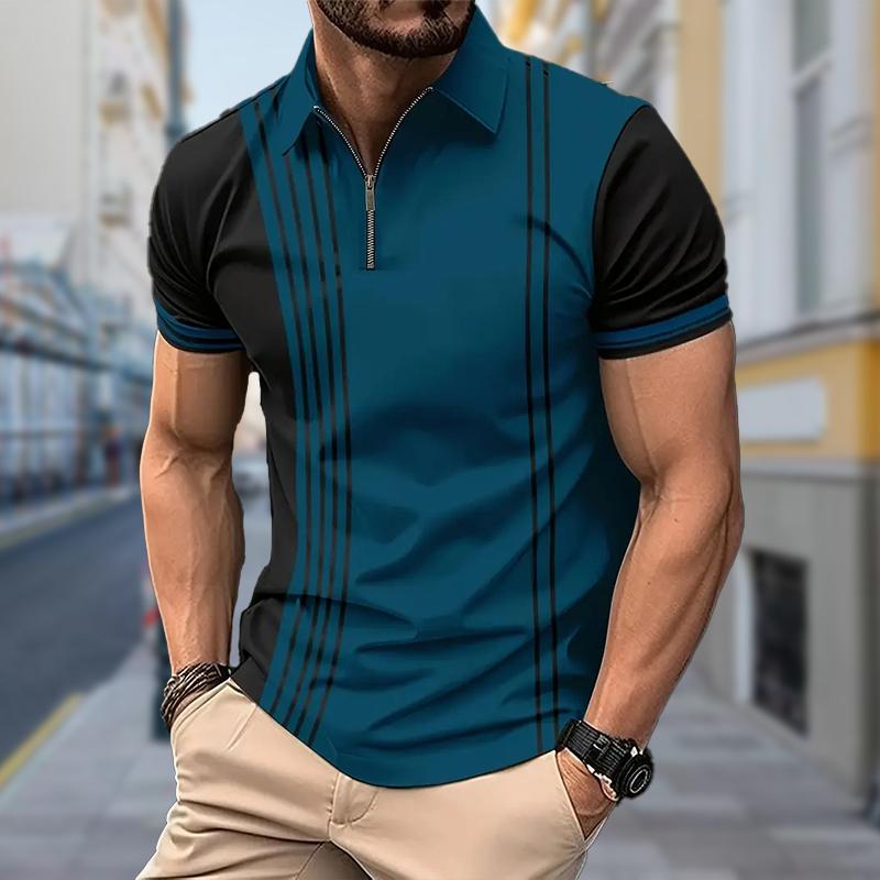 Men's Shirt Polo Casual Zip Short Sleeve Fashion Casual Zipper Summer Spring Regular Fit 3D Stripe Print Shirt