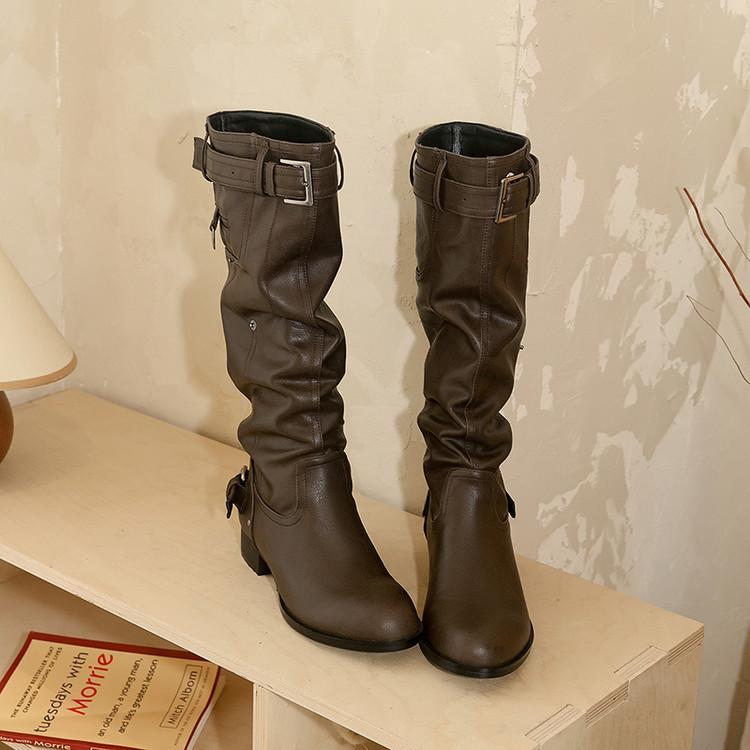 2025 new knee boots women's khaki suede round head belt buckle boots low heel thin folds stacked