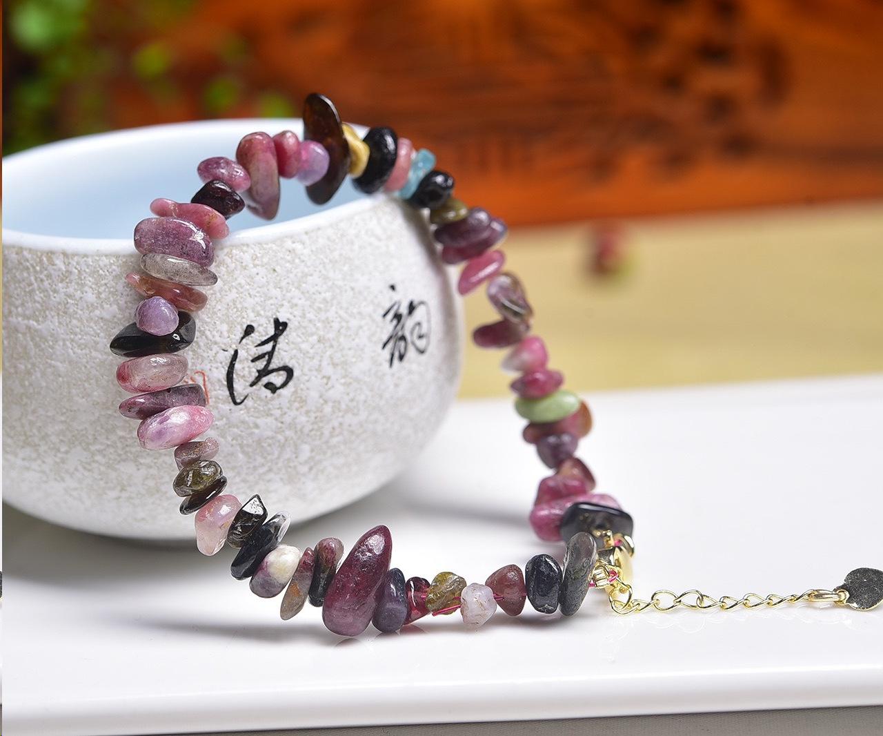 Rainbow Brazilian Tourmaline Crystal Bracelet: Three-Strand Round Bead Design for Women