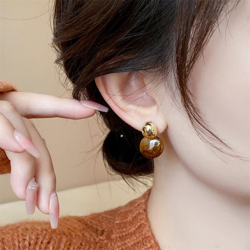 2025 New Amber Color Oval Dangle Earrings for Women Random Stripe Gold Color Metal Top Drop Earrings Unusual Earrings brincos