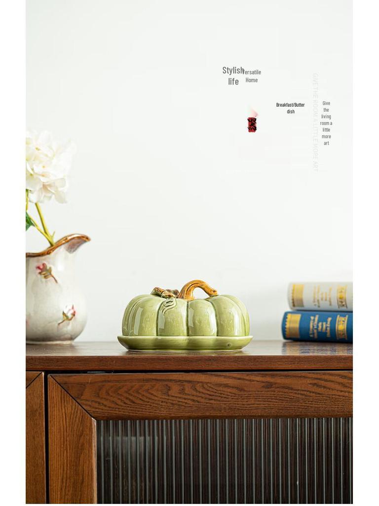 Su-style Green Ceramic Pumpkin Dish for Bread, Cake, Snacks, and Candy