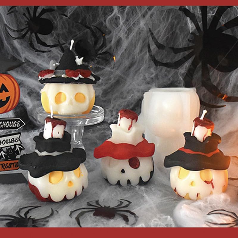 3D Pumpkin Skull Wearing Wizard Hat Shape Candle Silicone Mold For Making Candle, Resin, Aromatherapy Candle